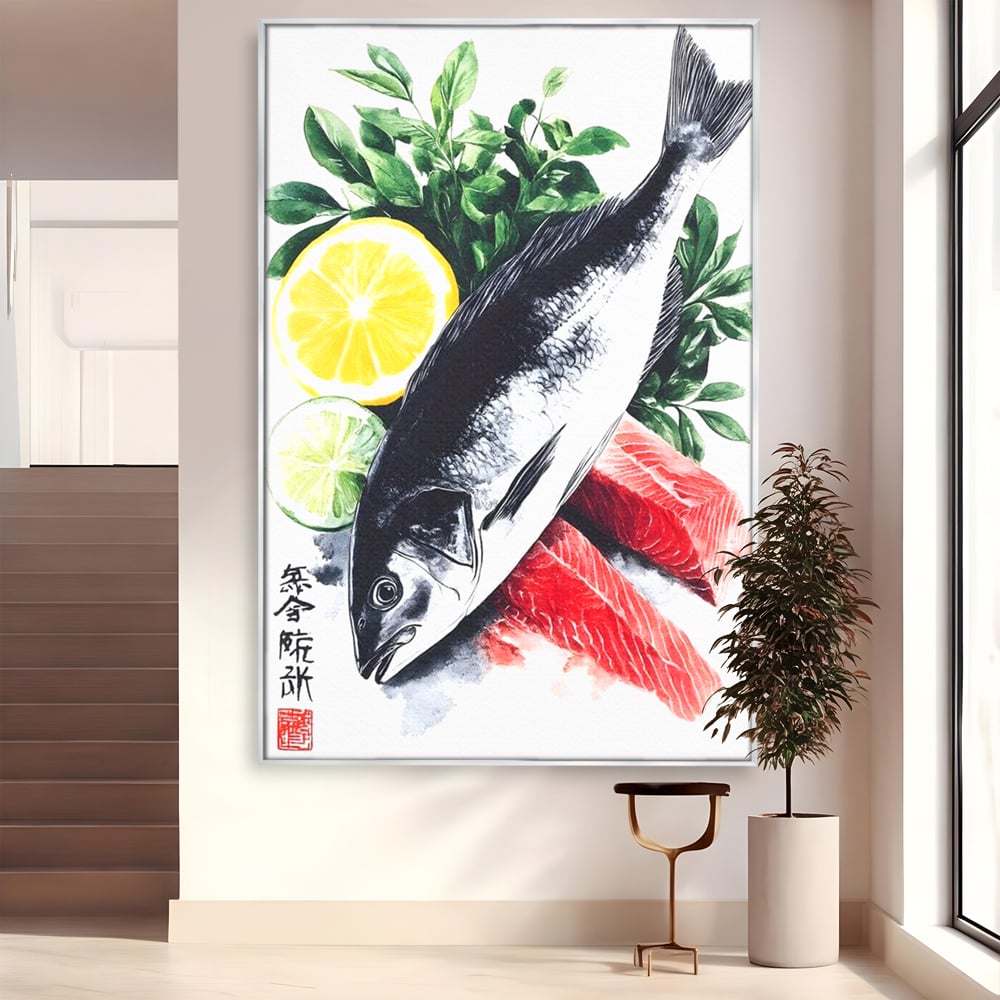 Tablou canvas cu ilustratie cu peste intreg si fileuri, in rama de aluminiu argintiu